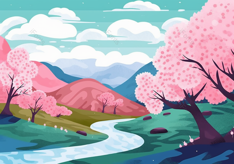 浪漫樱花风景插画手绘背景图,插画/手绘图,插画/手绘图库,插画/手绘图下载,插画/手绘